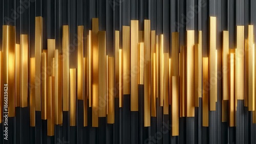 Rhythmic arrangement of 3D gold metallic bars on black