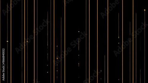 Vertically moving golden lines and glowing particles on black background