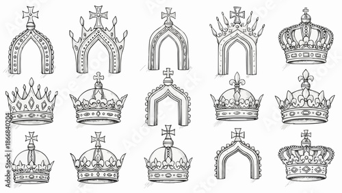 Collection of Royal Crowns and Arches Hand Drawn Sketch Style.