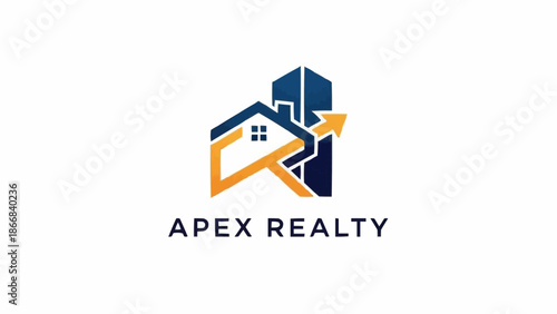 Real estate logo with house building and upward arrow.