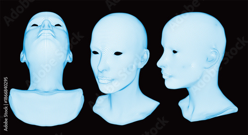 Set of 3D Wireframe Human Female Head Mesh, Blue Grid for Facial Recognition, Artificial Intelligence, Biometric Scanning, Digital Identity, Metaverse and Cyber Technology Concept.