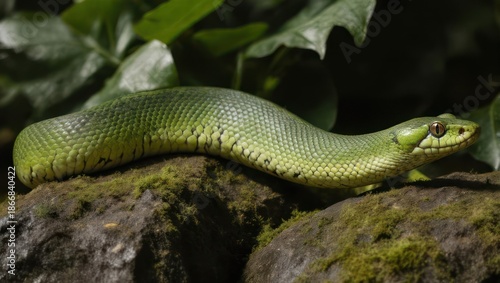 Vibrant Green Snake Resting on Mossy Rock in Natural Habitat.