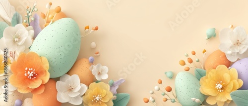 Soft Spring Background with Gentle Light, Colorful Eggs, and Delicate Flowers Perfect for Easter Celebrations or Seasonal Designs