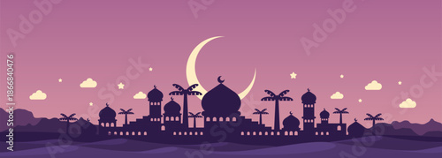 Ramadan Kareem illustration featuring a vibrant desert scene with a radiant sky, date palms, and mosque.	