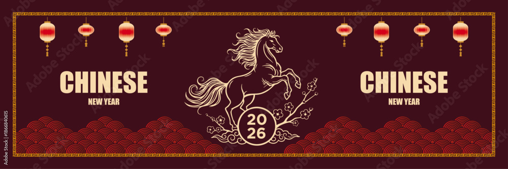 Fototapeta premium Lunar new year Vector template, for banner. red color with gold accent combination for Chinese new year fire horse. For wallpaper, greeting card, social media content, and vector template. 