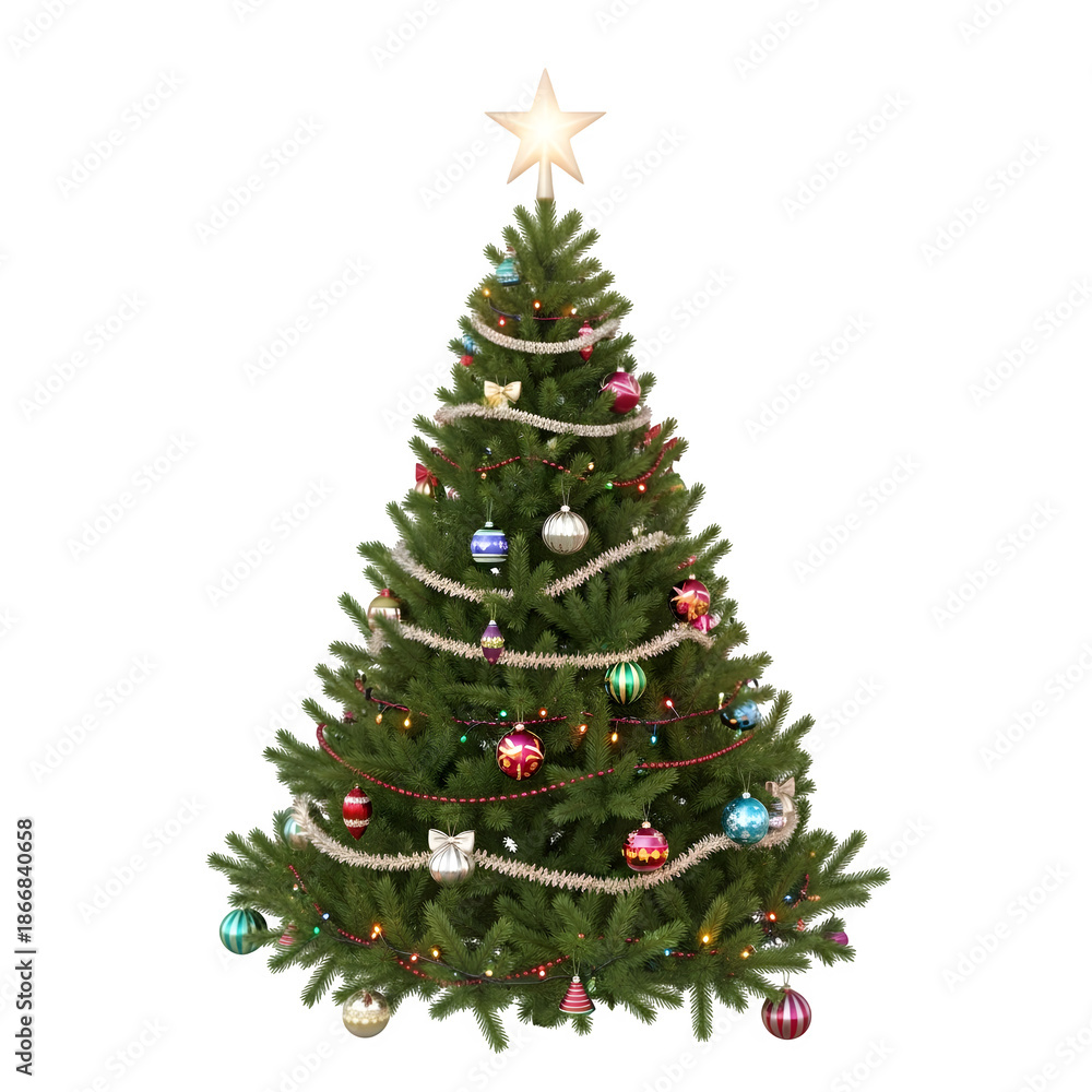 Fototapeta premium Festive Evergreen Tree with Ornaments and Star Isolated on White or Transparent Background