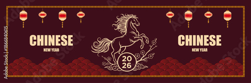 Lunar new year Vector template, for banner. red color with gold accent combination for Chinese new year fire horse. For wallpaper, greeting card, social media content, and vector template. 
