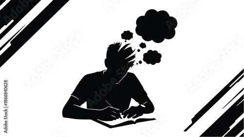 Silhouette of a person writing in a book with thought bubbles above, symbolizing creativity and ideas.