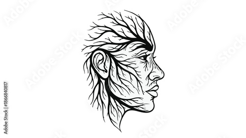 Human face merging with tree roots, symbolizing nature's connection to humanity and life force.