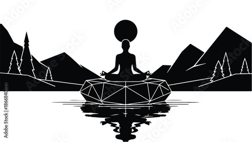Serene silhouette meditates on geometric platform surrounded by minimalist mountain landscape and water reflection.