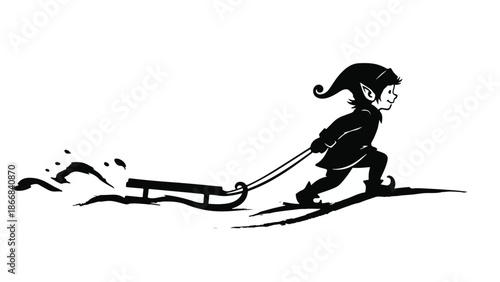 Joyful elf pulling a sled through snowy landscape on a winter day