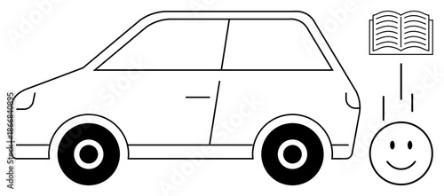 Education concept. Education linked to mobility with a car and an open book. Education enhances accessible learning by simple icons. For transport, learning tools, user manuals, safety