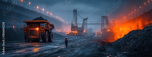Dramatic Night Scene of Heavy Machinery in Mining Site Under Dark Sky and Glowing Lights