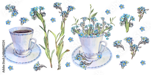 Watercolor set with bouquet flower forget-me-not in cup isolated on white background. Hand-drawn clipart for sticker or sketchbook. Romantic object for wedding celebration card. Wallpaper or wrapping