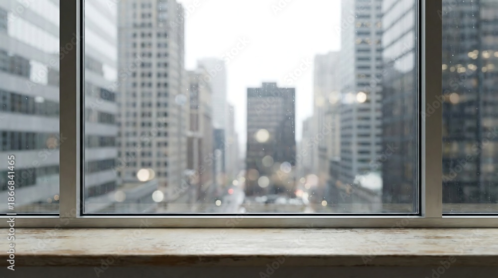 Fototapeta premium a blurred cityscape is visible through a window frame showcasing tall buildings and a sense of urban isolation with a windowsill in focus