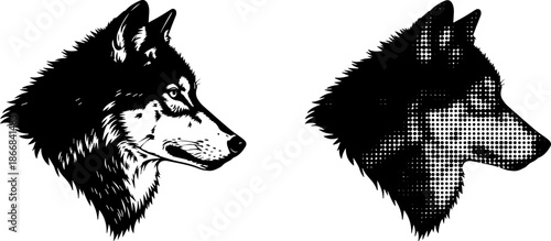 Black and white illustration of wolf heads