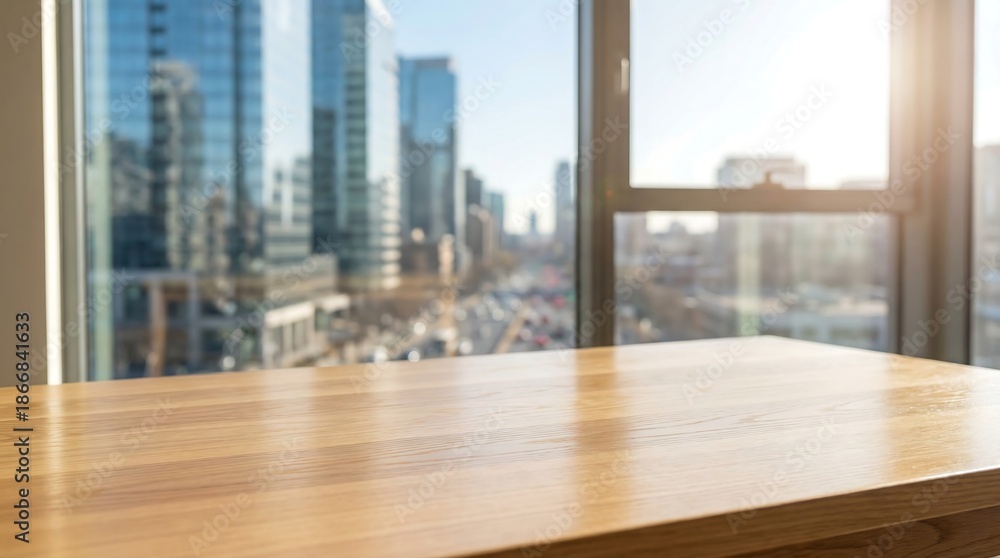 Fototapeta premium a sunlit modern interior scene featuring a wooden tabletop overlooking a blurred cityscape through a large window presenting a calm atmosphere high quality