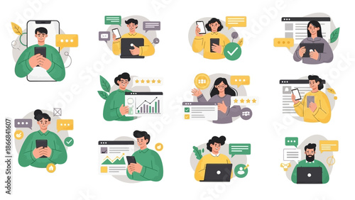 a series of modern flat illustrations featuring people interacting with digital interfaces