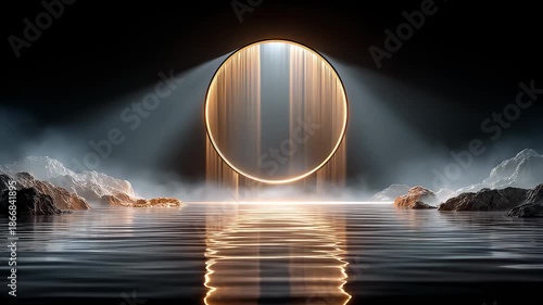 Minimalist black gold circular portal reflecting on serene lake water