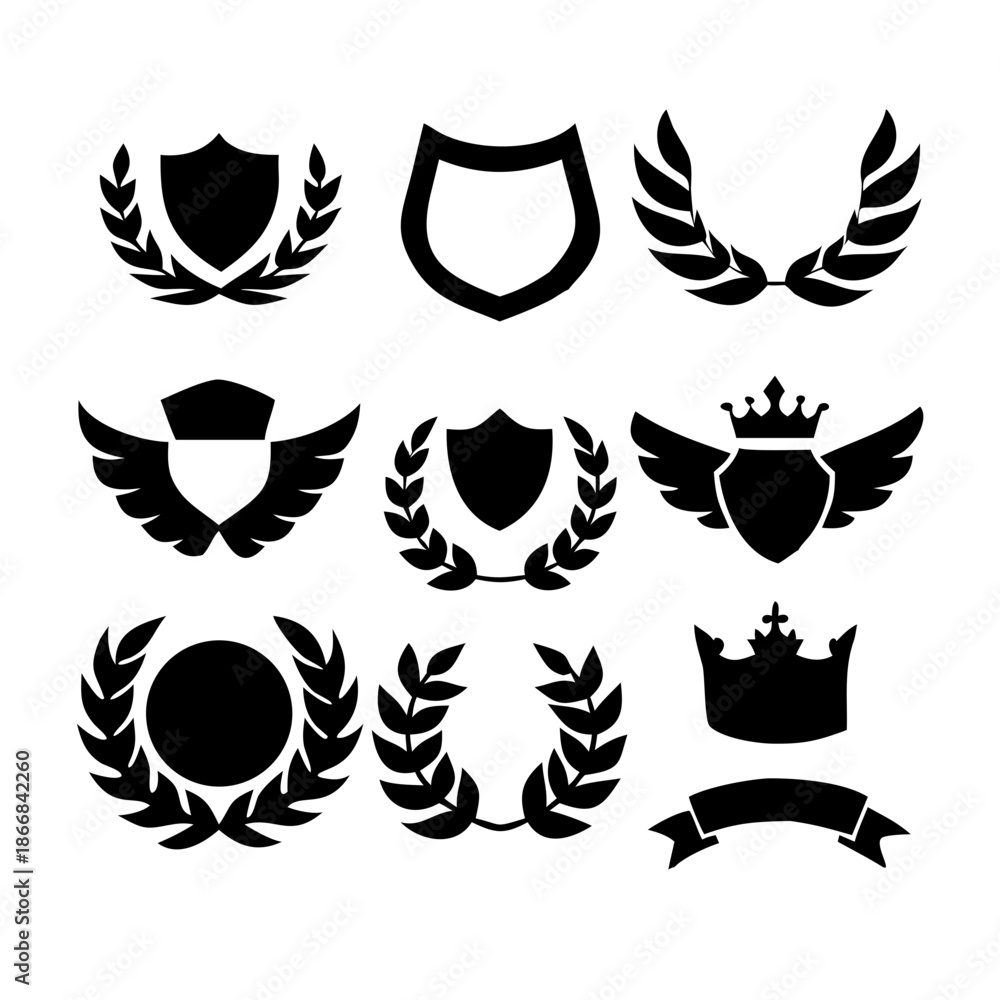 Fototapeta premium Collection of vector heraldic elements including laurel wreaths shields wings and ribbons perfect for creating logos or designs