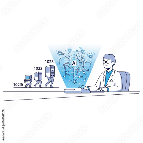 Illustration of a scientist working at a desk with a computer, surrounded by robots and a large AI network diagram.