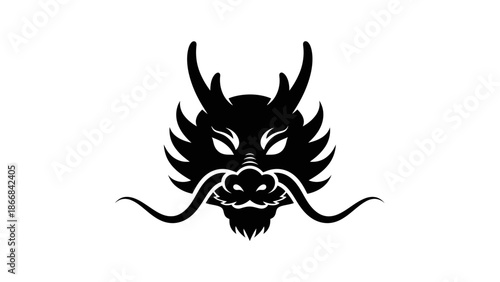 Black silhouette of a dragon head with horns and long mustache.