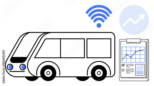 Smart mobility, public transportation, technology advancements, urban planning, data-driven solutions, connectivity. Stylized autonomous bus, wireless symbol growth chart on clipboard. Smart