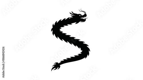 Black silhouette of a dragon with curved body and sharp spines.