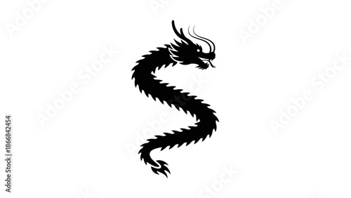 Black silhouette of a dragon with curved body and sharp claws.
