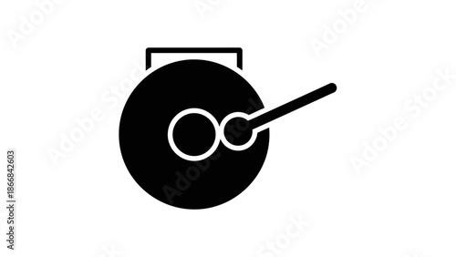 Simple black icon of a drum with drumsticks on a white background.