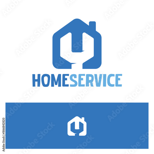 Modern Home Service Logo Design with House and Wrench Icon, Blue Repair and Maintenance Symbol.