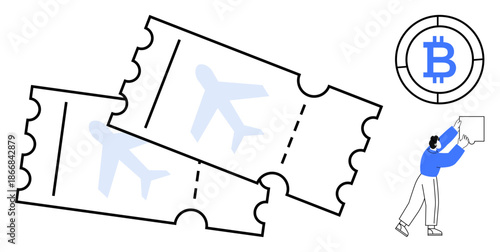 Bitcoin for airline tickets. Bitcoin enables modern payment in travel services. Bitcoin simplifies transactions for flights and travel. Perfect for cryptocurrency use, travel booking, fintech