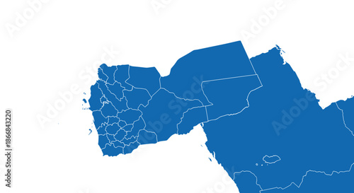 Map of the Arabian Peninsula focusing on Yemen, with its governorates outlined in white on a blue silhouette of the country.