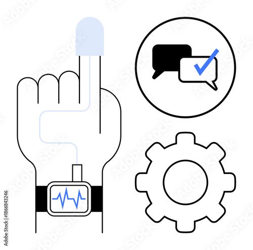 Hand with wearable device tracking vitals, speech bubbles with a checkmark indicating feedback, and gear symbolizing settings. Ideal for health tech, innovation, fitness, connectivity, bio-tracking
