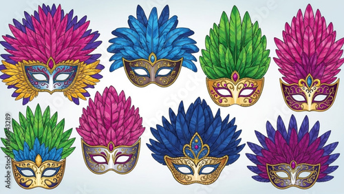 Colorful Mardi Gras Masks on White Background