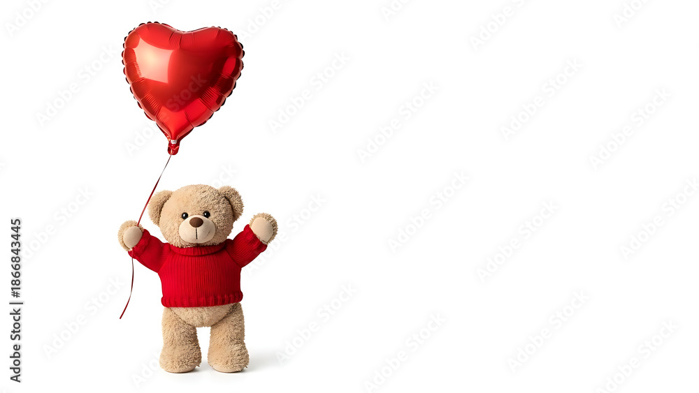 Fototapeta premium Cute teddy bear holding red heart shaped balloon