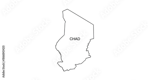 A minimal black outline map of the country of Chad with its name written inside, isolated on a simple white background.