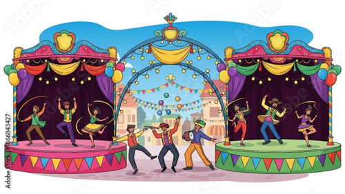 Dancers Performing on Colorful Stage with Arches and Curtains