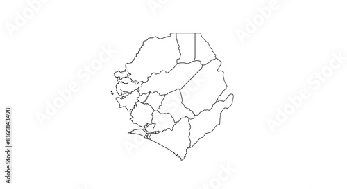 A clean black and white outline map of Sierra Leone, illustrating the distinct administrative districts of the country on a simple white background.
