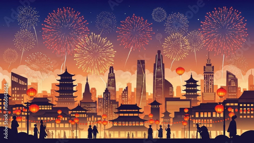 Chinese Cityscape with Fireworks at Dusk