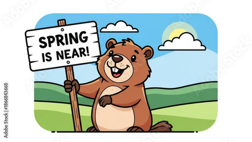 Brown Groundhog Holding Spring Sign in Green Field