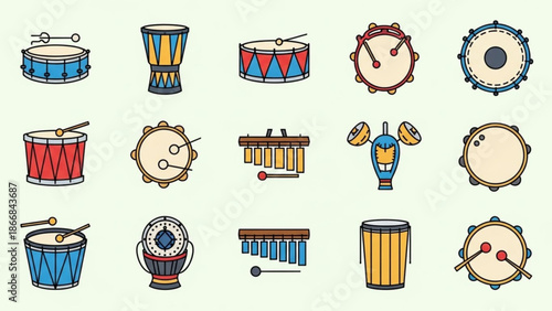 Colorful Drums and Percussion Instruments Icons Set