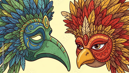 A vibrant illustration of two colorful bird masks facing each other in a striking design