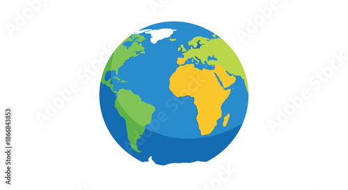 A colorful flat design illustration of the planet Earth globe, showing the continents of Europe, Africa, and the Americas on a white background.