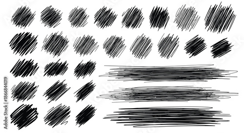 A large collection of hand-drawn black scribble textures and shapes, including circles and lines, perfect for artistic and grunge designs.