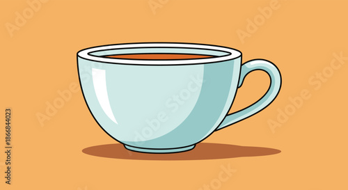 A simple and charming cartoon illustration of a light blue teacup filled with tea, casting a shadow on a warm orange background.