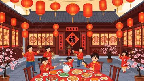 A vibrant illustration of a Chinese family celebrating a festive holiday with traditional food and decorations
