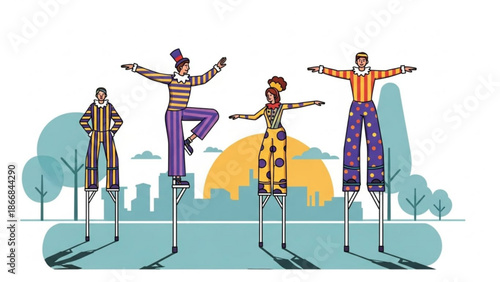 A colorful vector illustration of four people standing on stilts in a city park at sunset