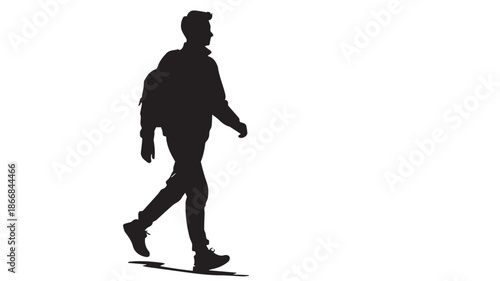 A silhouette of a man walking with a backpack on a white background for design with editorial