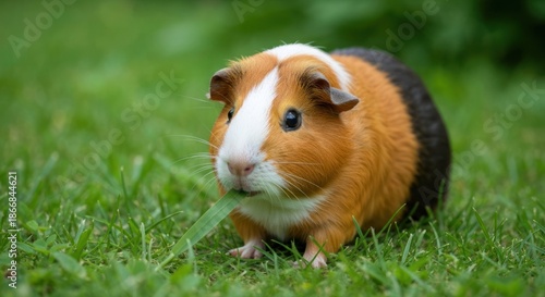 Cute guinea pig eating grass outdoors